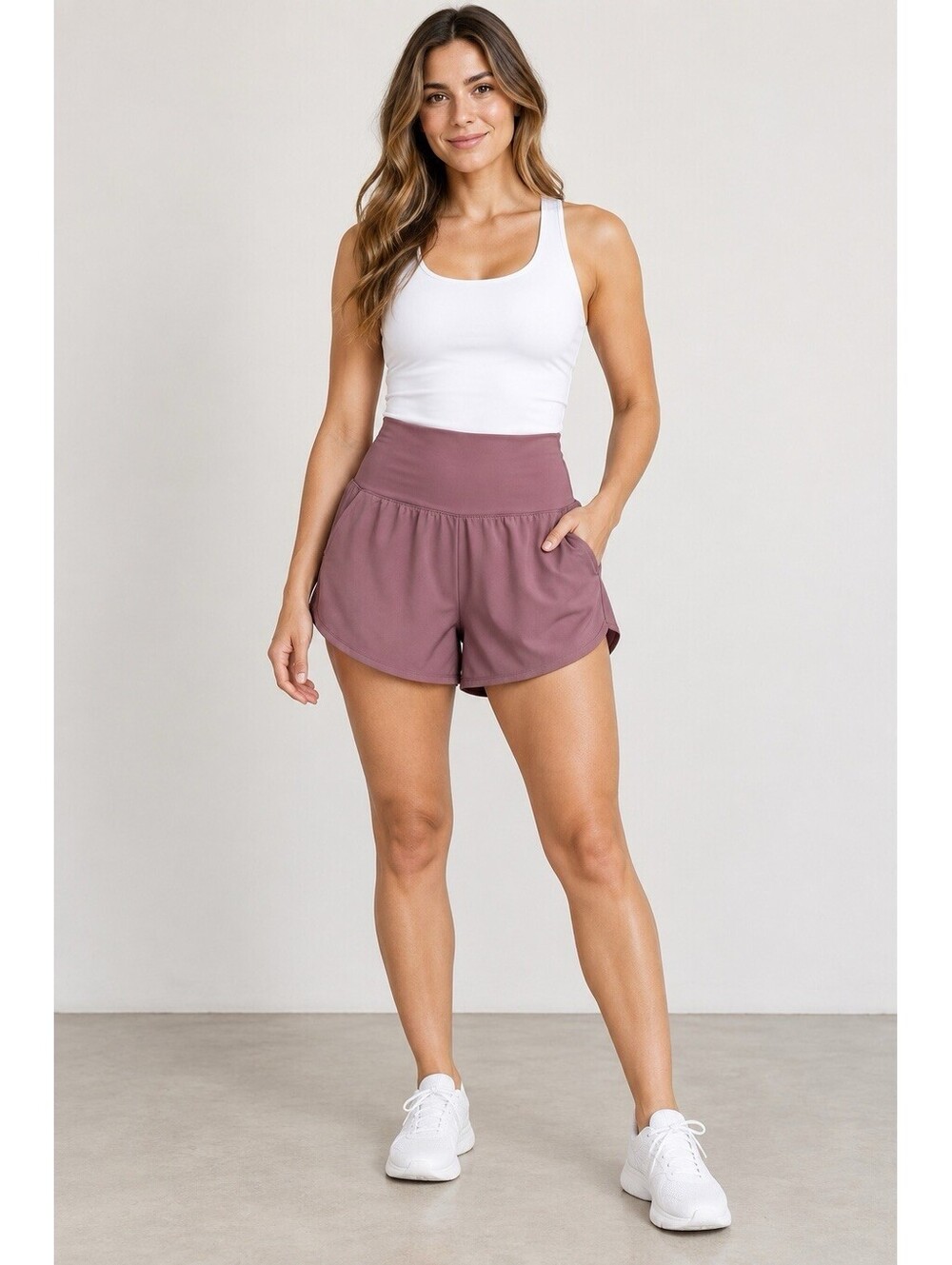 Zenana Women’s S Mauve High Waist Athletic Knit Shorts Elastic Waist Pockets